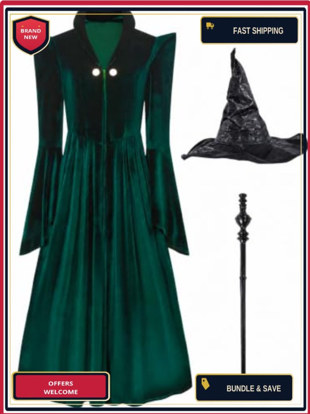 3Pc Velvet Witch Costume Plus Size Robe Hat Wand Professor Outfit